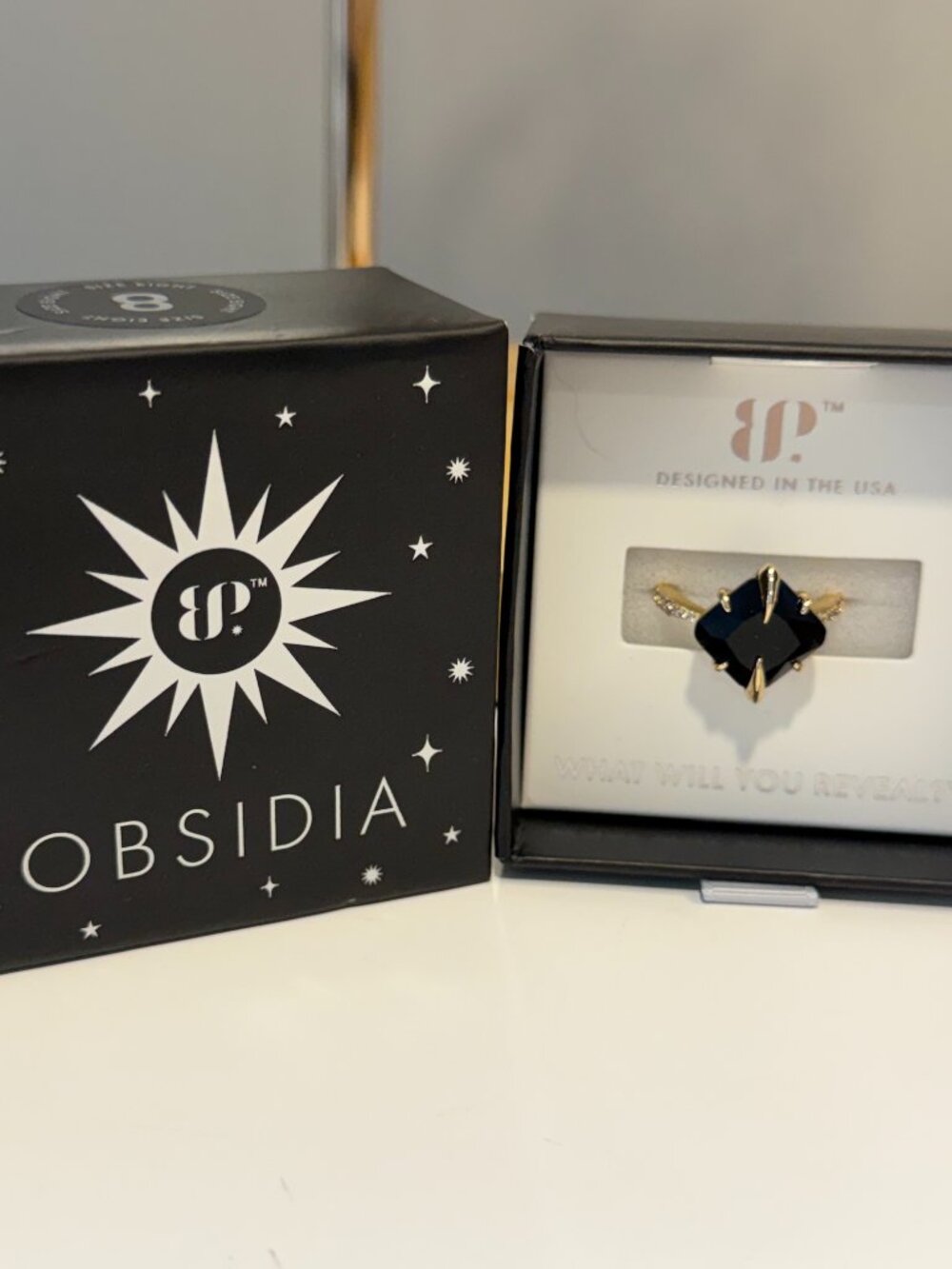 Bomb Party Obsidia "She Rules Galaxies" Black Obsidian Gold Ring Size 8 RG75551
